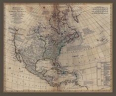 an old map of the united states and canada, with lines drawn on it's sides