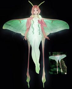 a fairy with green wings and pink hair is standing in the dark, holding her hands out