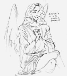 a drawing of an angel sitting on the ground with her hands folded in front of her chest