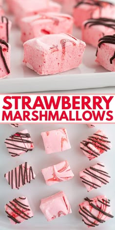 strawberry marshmallows with chocolate drizzled over them on a white plate