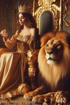 a woman in a gold dress sitting on a throne with a lion next to her