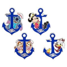 four disney mouse and mickey mouse key chains with an anchor on one side, pirate ship on the other