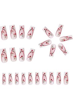 Long Press on Nails Square Fake Nails White French Tip False Nails with Design Red Cherry Glue on Nails Glossy Acrylic Nails Press ons Full Cover Rhinestones Stick on Nails for Women Manicure 24Pcs Nails Country, Fake Nails White, Long Press On Nails, White French Tip, Stick On Nails, False Nails, Glue On Nails