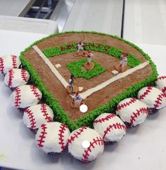 a cake with baseballs on it sitting on top of a table