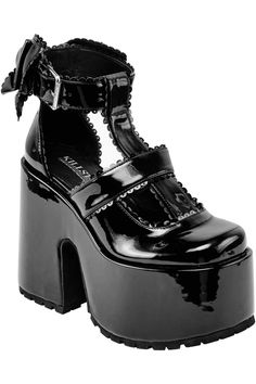 PRICILLA. - Faux Leather [Forever].- Bow Back.- Contrasting Silver Buckle. - Heel height is 12.5cm and wedge is 7cm.with KILLSTAR Branding, 100% PU. Coffee And Witchcraft, Goth Shoes, Gothic Shoes, Dr Shoes, Dusk To Dawn, Bow Back, Black Platform, Shoe Show, Pretty Shoes