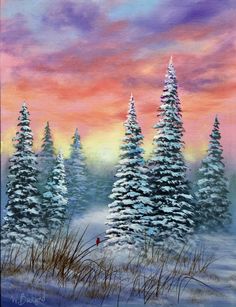 a painting of snow covered trees in front of a colorful sky