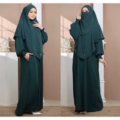 "\"Raudah Set (Jubah, Headscarf, Niqab) (3 piece set) 🍃 Hidden pocket for convenience. 🍃 Wudhu (ablution) friendly design. 🍃 Crafted from premium Cey Crepe fabric. 🍃 Ironless feature, no need to iron/press. 🍃 Umrah and Hajj-friendly. The Raudah Set encompasses a graceful robe paired with a full-length headscarf and niqab veil. Designed with practicality in mind, the robe incorporates a pocket and elasticized cuffs for wudhu ease, complemented by a front zipper catering to nursing mothers. Please refer to size chart for Abaya (measurement in inches) The headscarf, a Khimar Khadijah, is accompanied by a 55-inch (diagonally) veil. Ideal for diverse occasions like Umrah, everyday errands, professional settings, school commitments, or leisurely outings. Crafted from premium Cey Crepe fabri Traditional Solid Color Khimar For Eid, Traditional Solid Khimar For Eid, Green Khimar For Eid, Green Long Sleeve Niqab For Eid, Green Niqab For Eid, Abaya With Hijab, Khimar Niqab, Nursing Mother, Hidden Pocket