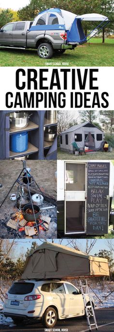 an advertisement for a camper with the words creative camping ideas on it and pictures of cars