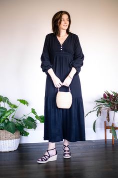 Love this easy dress from Anthropologie. It is perfect for cooler spring and summer days. Dress it up with sandals or run around town with sneakers. #styledahlia #anthropologie #anthro #blackdress #lbd #springstyle #summerstyle #dresses #ShopStyle #Lifestyle #Vacation Easy Dress, Wedge Espadrilles, Strap Wedge, Tiered Maxi Dress, Espadrille Sandals