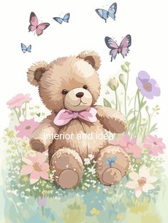 a brown teddy bear sitting in the grass with flowers and butterflies flying around his head