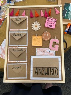 a bulletin board that has been decorated with different things on it and some words attached to the boards