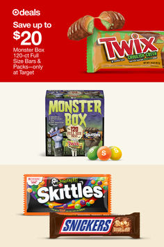 an advertisement for skittle's is shown in red and white, with the words monster box on it