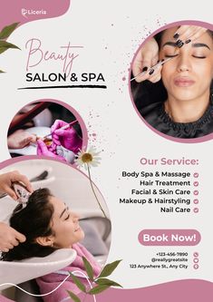 a flyer for a beauty salon and spa with pictures of women getting their hair done