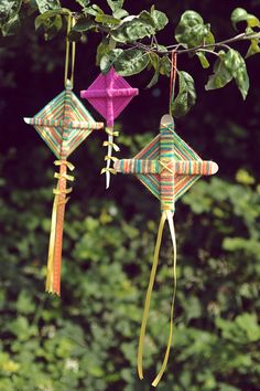 two colorful kites hanging from a tree branch