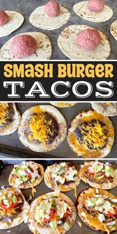 some tacos that are sitting on top of a pan with the words smash burger tacos