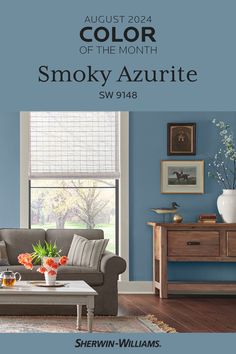 the color of the month smoky azurite is shown in this living room with blue walls