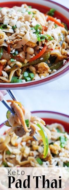 two bowls filled with rice and vegetables, one is being spooned into the other