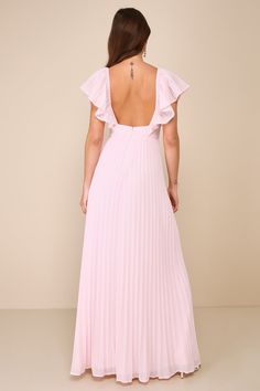 You'll stun all evening in a look that's ""maid"" to impressâ€”the Lulus Ideal Occasion Pink Pleated Flutter Sleeve Backless Maxi Dress! Lightweight accordion-pleated chiffon shapes short flutter sleeves with elastic at the shoulders. V-neckline tops a flattering bodice with an open back and a banded waist. Skirt has an A-line silhouette and falls to a maxi hem Hidden zipper/clasp at the back. Fit: This garment fits true to size. Length: Floor length. Size medium measures 54.5" from shoulder to V Neck Maxi Dress With Sleeves, Modest Pink Bridesmaid Dresses, Light Pink Floral Bridesmaid Dresses, Baby Pink Maxi Dress, Pink Baby Shower Dress For Mom, Light Pink Bridesmaid Dress, Pink Long Dress Formal, Pink Mother Of The Bride Dresses, Wildflower Bridesmaids