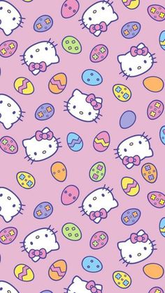 hello kitty wallpaper with easter eggs and bows on it's head, all in pastel colors