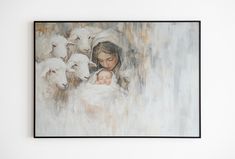 a painting of a woman holding a baby in her arms with sheep on the wall