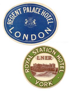 two stickers depicting the royal station hotel and york, england in blue and green