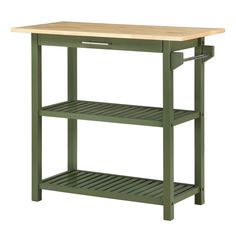 a green kitchen island with two shelves and a butcher block top on the bottom shelf