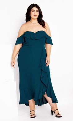 Elevate your occasion wear with the Remy Maxi Dress - the embodiment of grace and glamour. Featuring a captivating ruffled sweetheart neckline and the option of off-shoulder ruffle with attachable shoulder straps, it's versatility at its finest. The back invisible zip closure ensures seamless style, while the concealed shirring beneath the arms guarantees a comfortable, flexible fit. Key Features Include: - Ruffled sweetheart neckline - Off-shoulder ruffle with optional attachable shoulder strap Knitwear Style, City Chic Dresses, Formal Occasion Dress, Dresses Date Night, Evening Dresses Online, Maxi Bridesmaid Dresses, Maxi Dress Wedding, Women's Evening Dresses, Plus Size Maxi