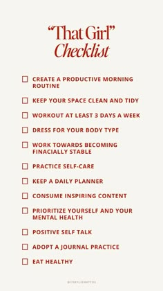 Embrace the 'That Girl' lifestyle with our comprehensive checklist. Prioritize wellness, productivity, and self-improvement. From morning routines to fitness goals, healthy eating to self-care rituals, this list is your guide to becoming 'That Girl'. Start your transformation, embody positivity, and unlock your potential.  that girl checklist, wellness, productivity, self-improvement, morning routines, fitness goals, healthy eating, self-care, transformation, positivity, dream life, highest self, well-being, personal growth, women wealth and wellness club Productivity Checklist, Eating Routine Healthy, That Girl Goals, Morning Checklist For Women, How To Improve Myself Everyday, That Girl Self Care, Creating A Self Care Routine, Becoming That Girl Lifestyle, That Girl Checklist