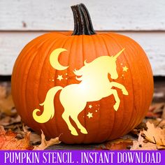 a pumpkin with an unicorn stencil on it and leaves around the bottom that says pumpkin stencil instant download