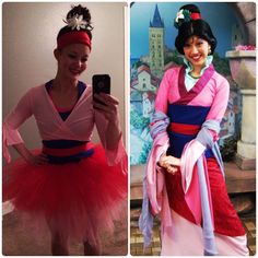 two pictures of the same woman dressed up in different costumes and holding a cell phone