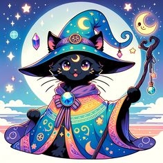 a black cat wearing a witches hat and holding a wand in its hand with the moon behind it