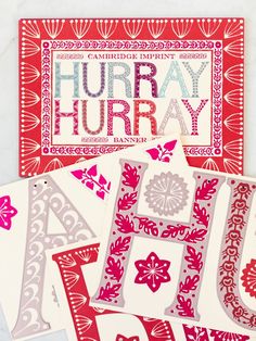 three cards with different designs on them and one has the word hurry written in it