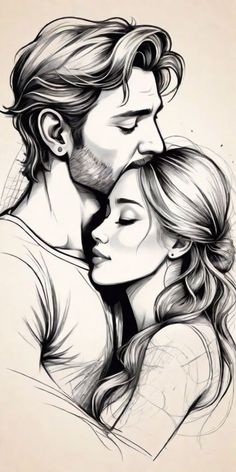 a drawing of a couple kissing each other with their eyes closed and noses close together