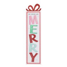 a christmas sign with the word merry on it and a bow hanging from the top