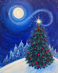 a painting of a christmas tree on a snowy night with stars and moon in the sky