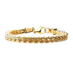 "Convey your bold sense of style with this men's gold tone stainless steel Franco chain bracelet. Convey your bold sense of style with this men's gold tone stainless steel Franco chain bracelet. Chain type: Franco Chain width: 6 mm Length: 8.5 in. Metal: stainless steel Plating: yellow ion plated Finish: polished Packaging: boxed Please note, due to the high value of this item, a signature may be required upon delivery. Size: 8.5"". Gender: male. Age Group: adult." Gold Cuban Link Bracelet In Stainless Steel, Gold-colored Stainless Steel Cuban Link Bracelet, Modern Gold Cuban Link Bracelet With Box Chain, Gold Cuban Link Bracelet With Modern Style, Gold Cuban Link Bracelet In Modern Style, Male Bracelets Gold For Men, Male Bracelets, Mens Chain Bracelet, Mens Gold Bracelets