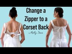 the back of a woman's wedding dress with text that reads, change a zipper to a corset back