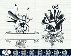 two hand signs with scissors and flowers on them, one has a skull in the middle