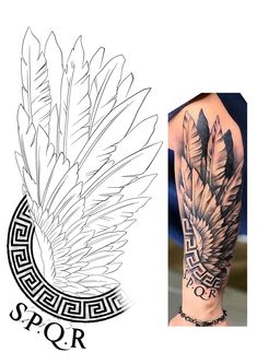 an arm tattoo with feathers on it and the words spqr written in roman numerals