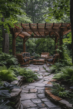 an outdoor seating area in the middle of a forest with lots of trees and plants