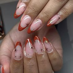 October Inspo Nails, Pumpkin French Tips Nails, Pumpkin Biab Nails, Cute Fall Pumpkin Nails, Pumpkin French Manicure, Winter Orange Nails, Autumnal French Tips, Autumn Birthday Nails, Cute Nails Autumn