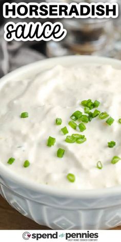 a bowl of horseradish sauce with green onions