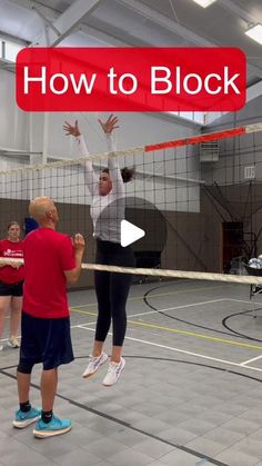 two people playing volleyball on an indoor court with the words how to block in front of them