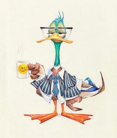 a drawing of a duck wearing glasses and holding a coffee cup