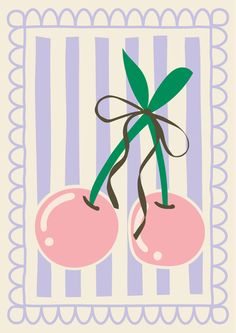 two cherries tied together with a bow on a blue and white striped wallpaper