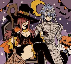 two women dressed up as witches sitting on a bench in front of a full moon