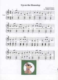 sheet music for children's christmas carols with reindeer on the housetop