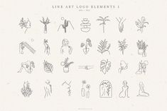 the line art logo elements are arranged in different shapes and sizes, including palm trees