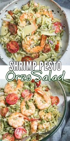 shrimp pesto orzo salad with tomatoes and broccoli