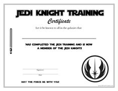 star wars certificate with the words jedi knight training